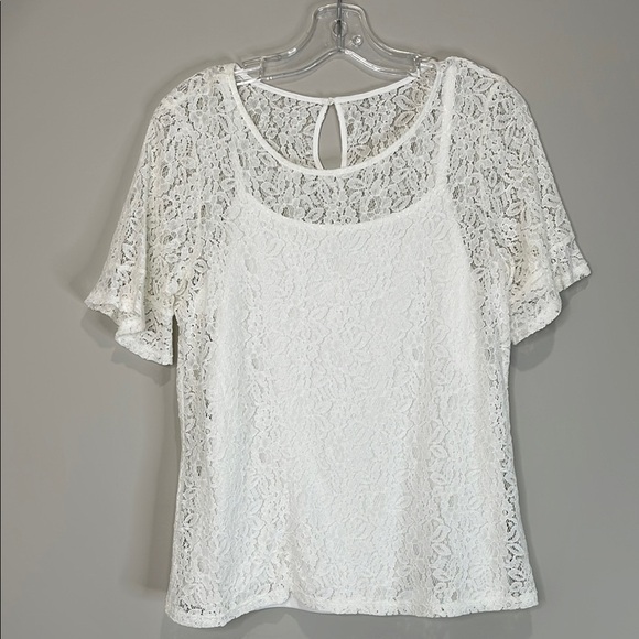 Rickis Short Sleeve Lace Top White Build-In Camisole Delicate Stretch Size M - Picture 12 of 12